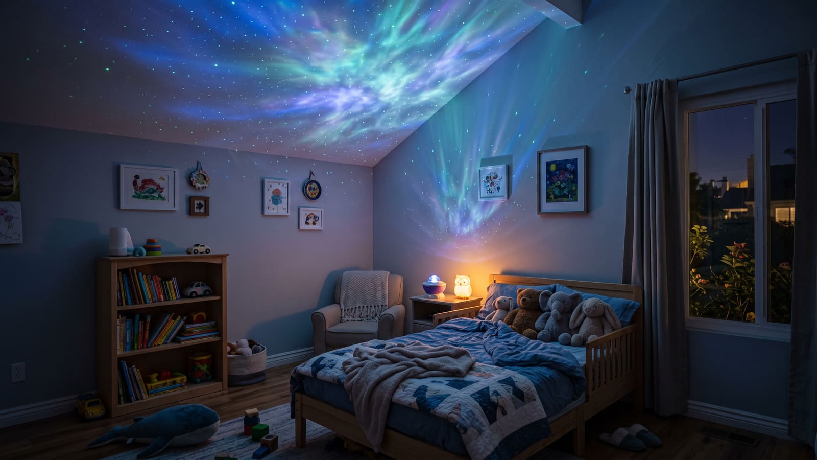 A Bliss light experience scene inspired by Carlsbad: a room transformed by galaxy and aurora light