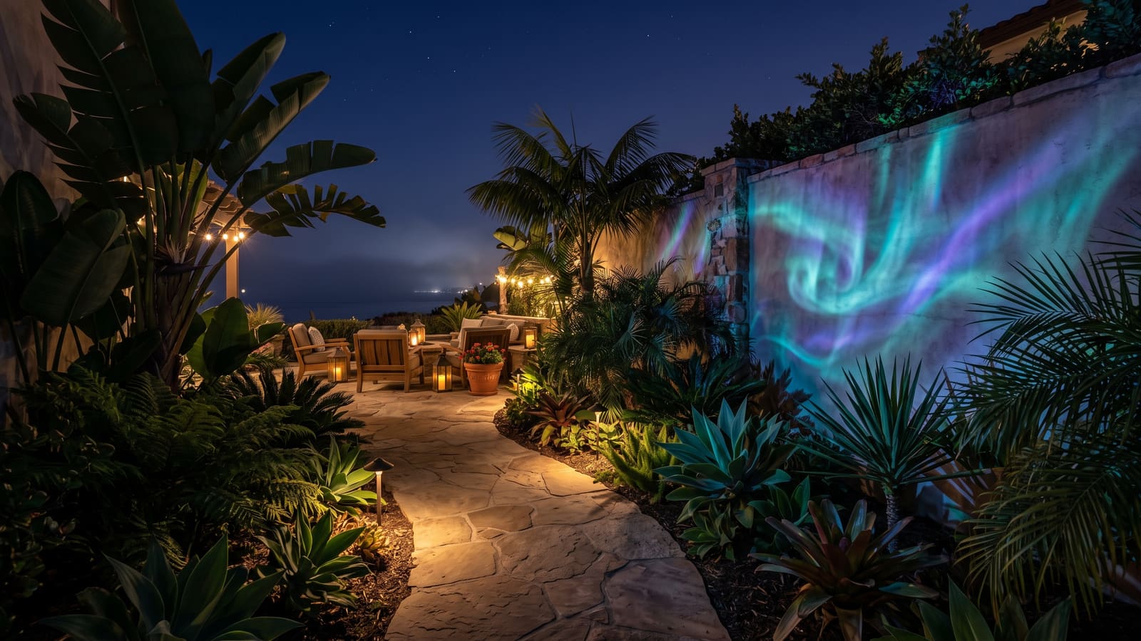 A Bliss light experience scene inspired by Encinitas: gardens and grounds under drifting aurora light