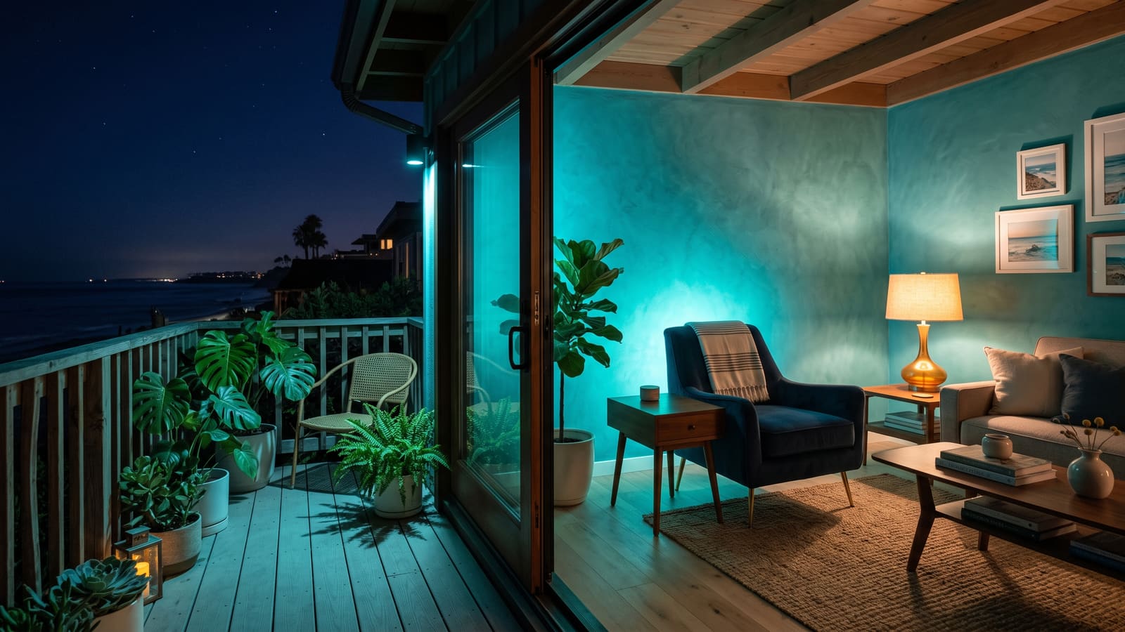 A Bliss light experience scene inspired by Solana Beach: a room transformed by galaxy and aurora light
